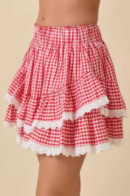 Gingham Ruffle Skort With Eyelet Ruffle       