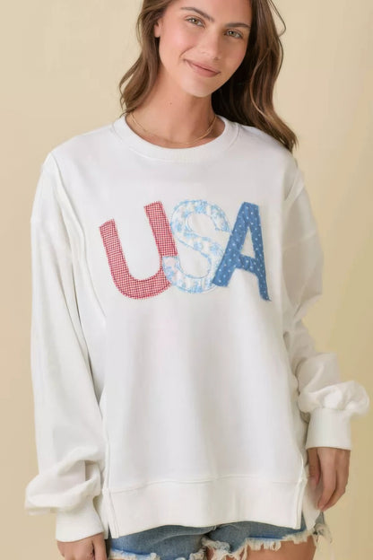 4th Of July Usa Patchwork Crewneck Long Sleeve Top       