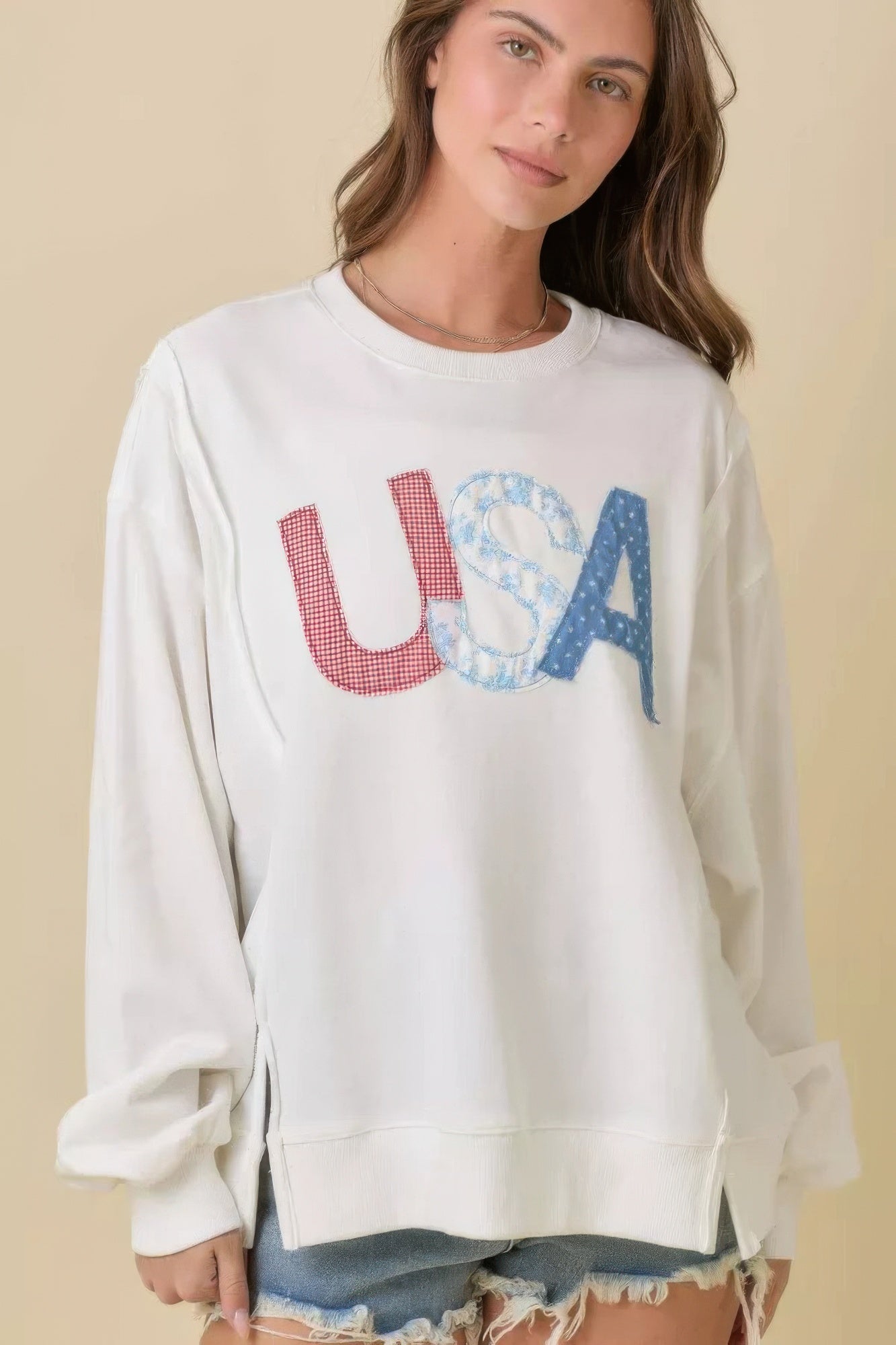 4th Of July Usa Patchwork Crewneck Long Sleeve Top       