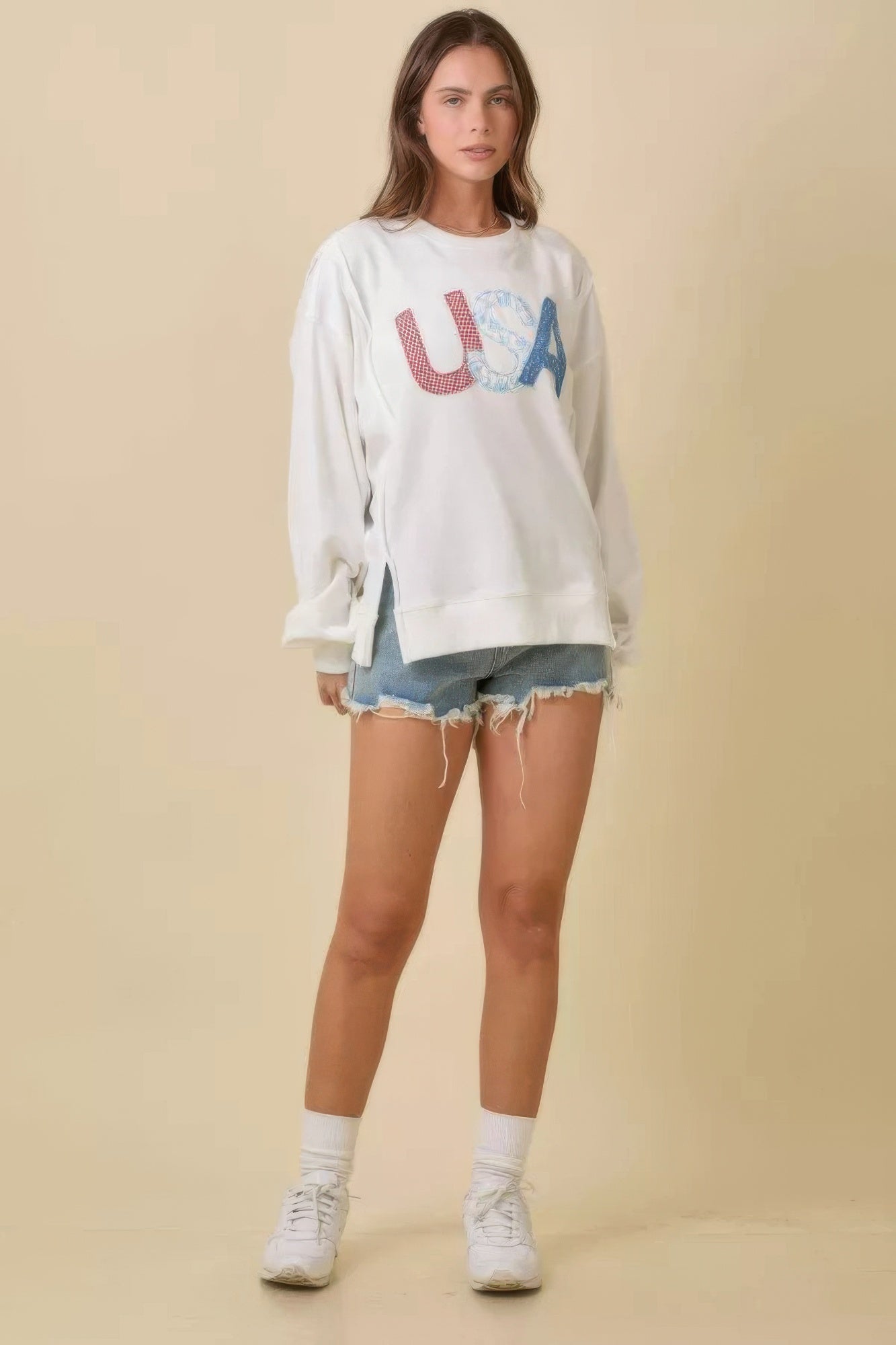 4th Of July Usa Patchwork Crewneck Long Sleeve Top       