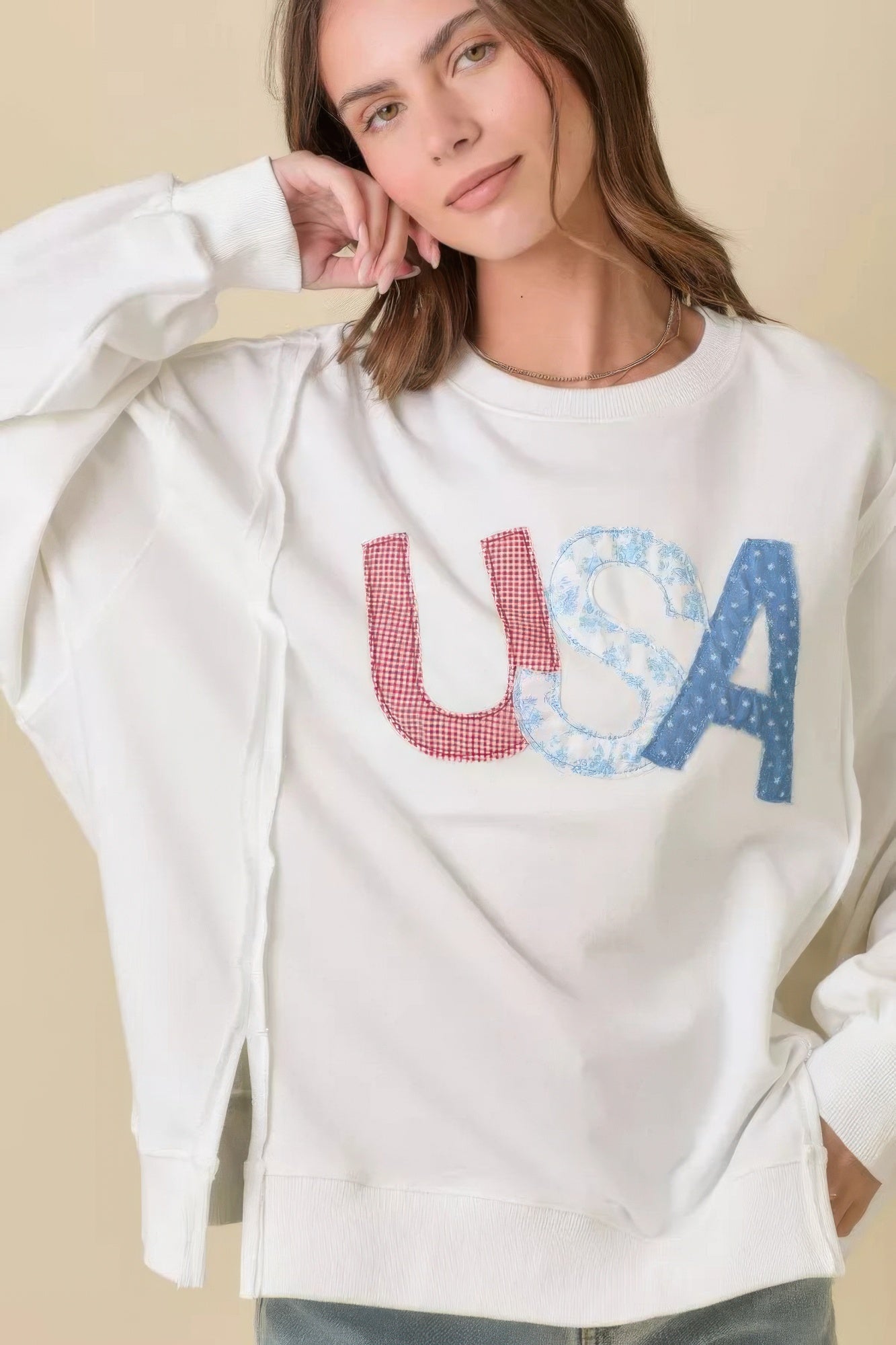 4th Of July Usa Patchwork Crewneck Long Sleeve Top       