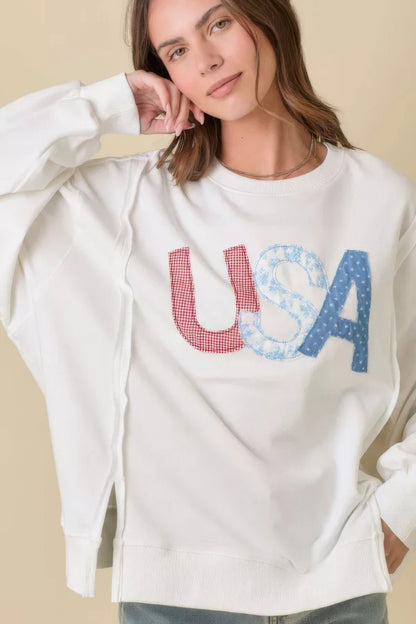 4th Of July Usa Patchwork Crewneck Long Sleeve Top       