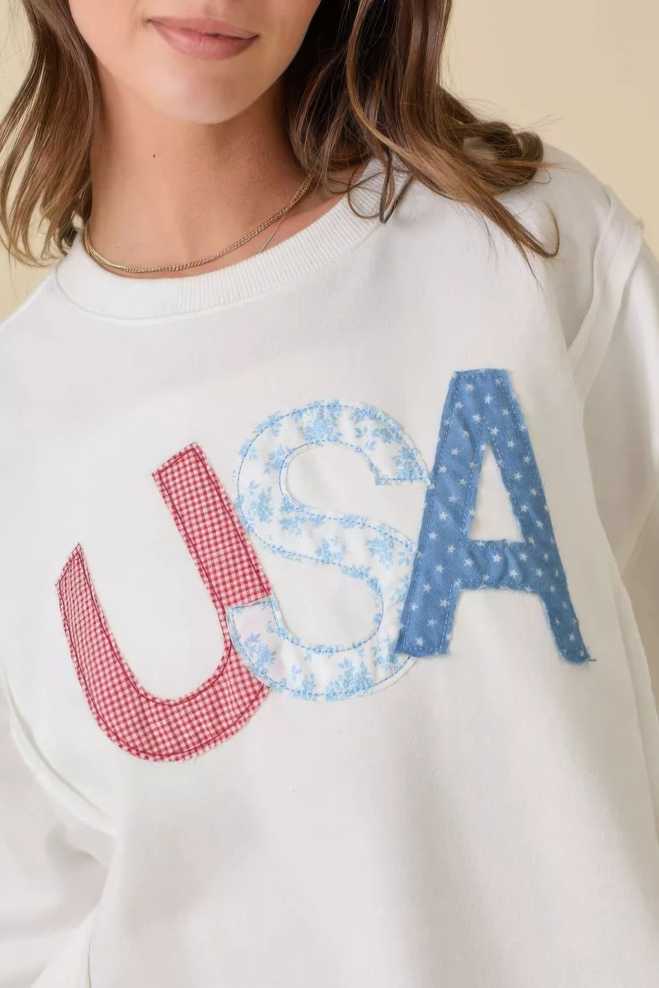 4th Of July Usa Patchwork Crewneck Long Sleeve Top       