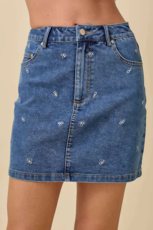 Mini Denim Skirt With All Over Ribbon Bow          