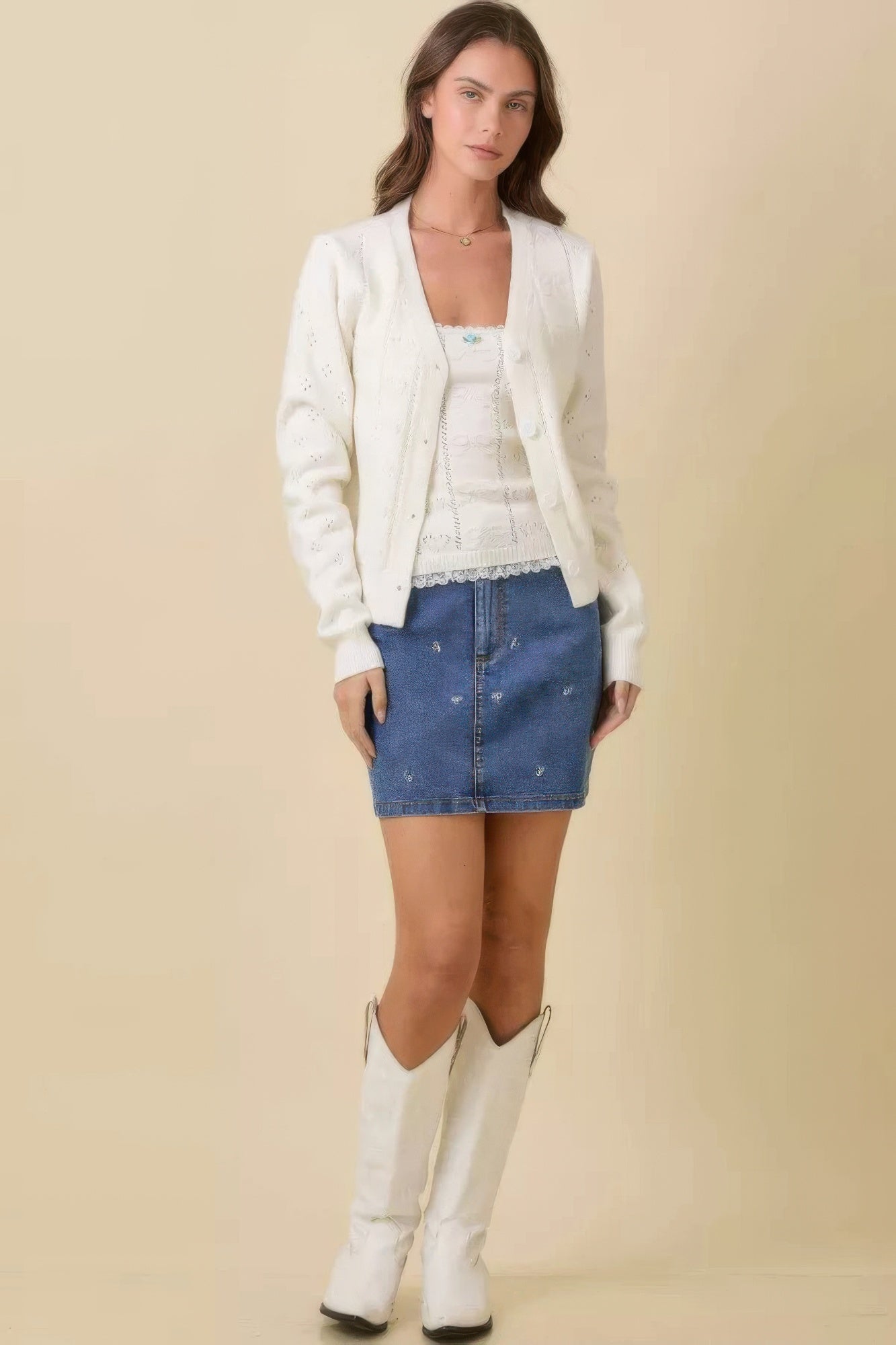 Mini Denim Skirt With All Over Ribbon Bow          
