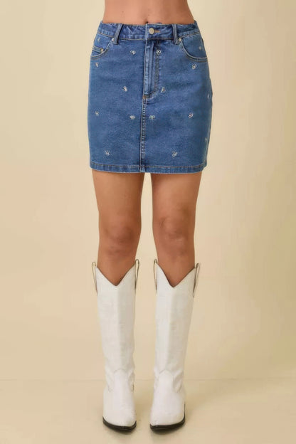 Mini Denim Skirt With All Over Ribbon Bow          