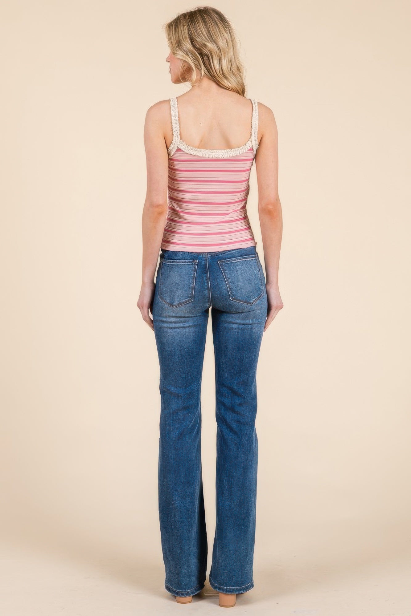 Stripped Ribbed Tank W/lace Detail      