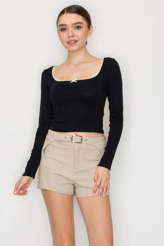 Lace Trim Square Long Sleeve Top