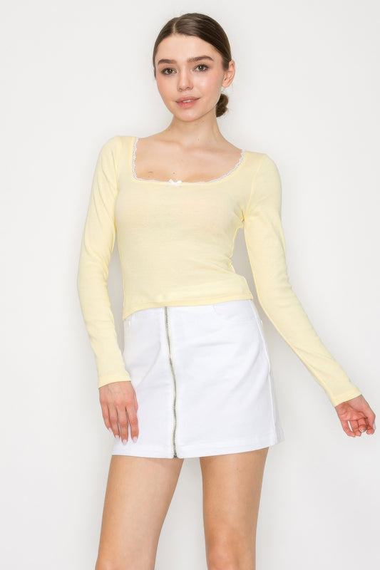 Lace Trim Square Long Sleeve Top
