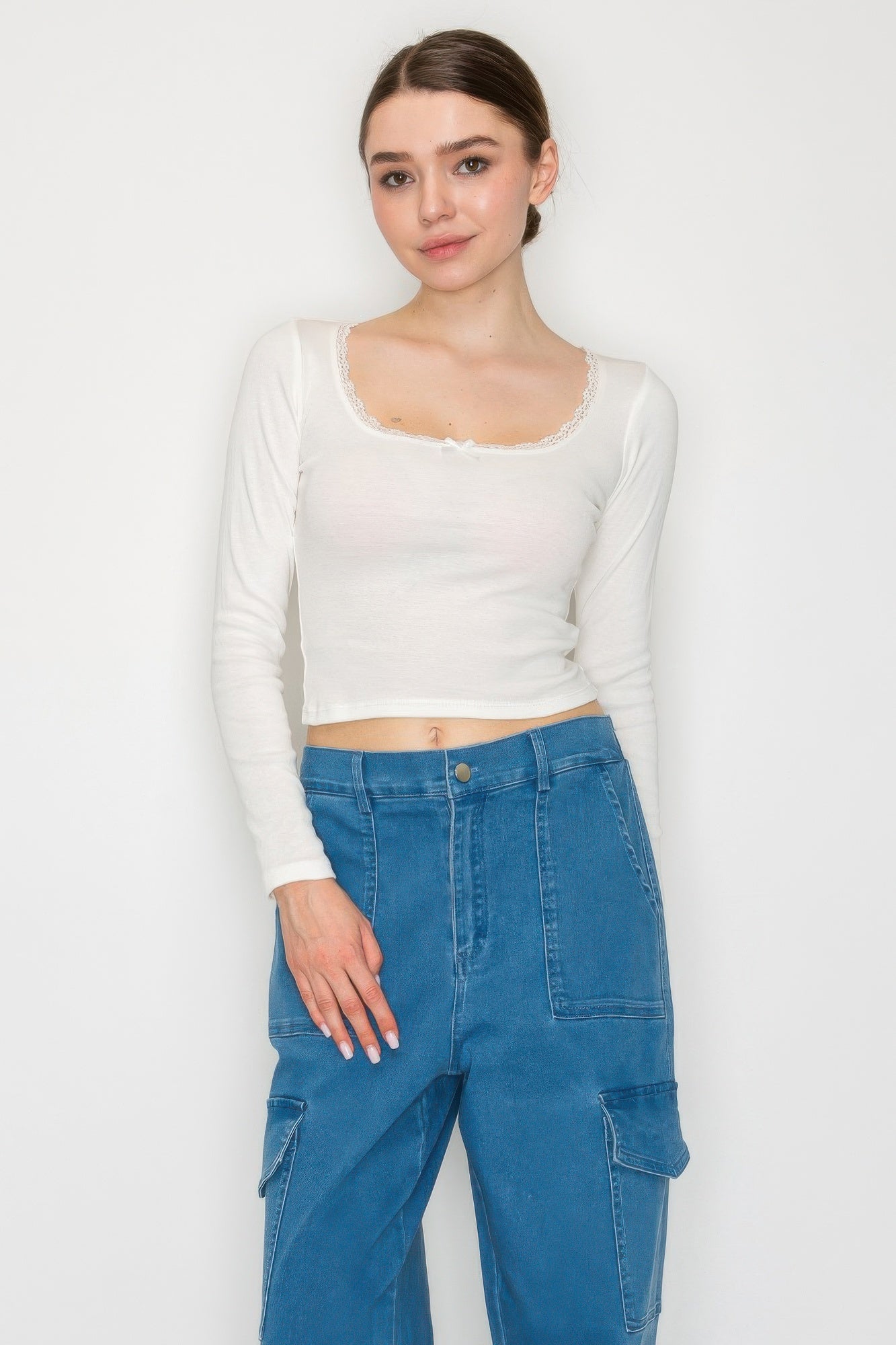 Lace Trim Square Long Sleeve Top