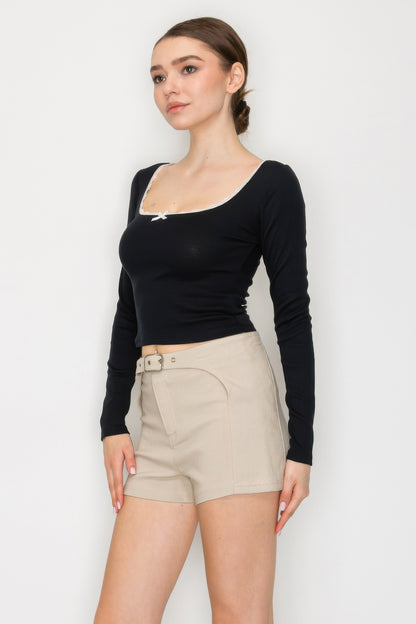 Lace Trim Square Long Sleeve Top