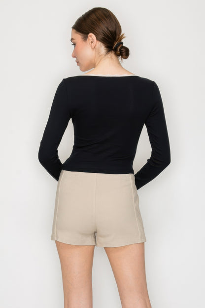 Lace Trim Square Long Sleeve Top