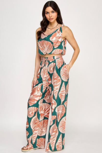 Printed Sleeveless Bubble Hem Top And Paper Bag Waist Pants Set