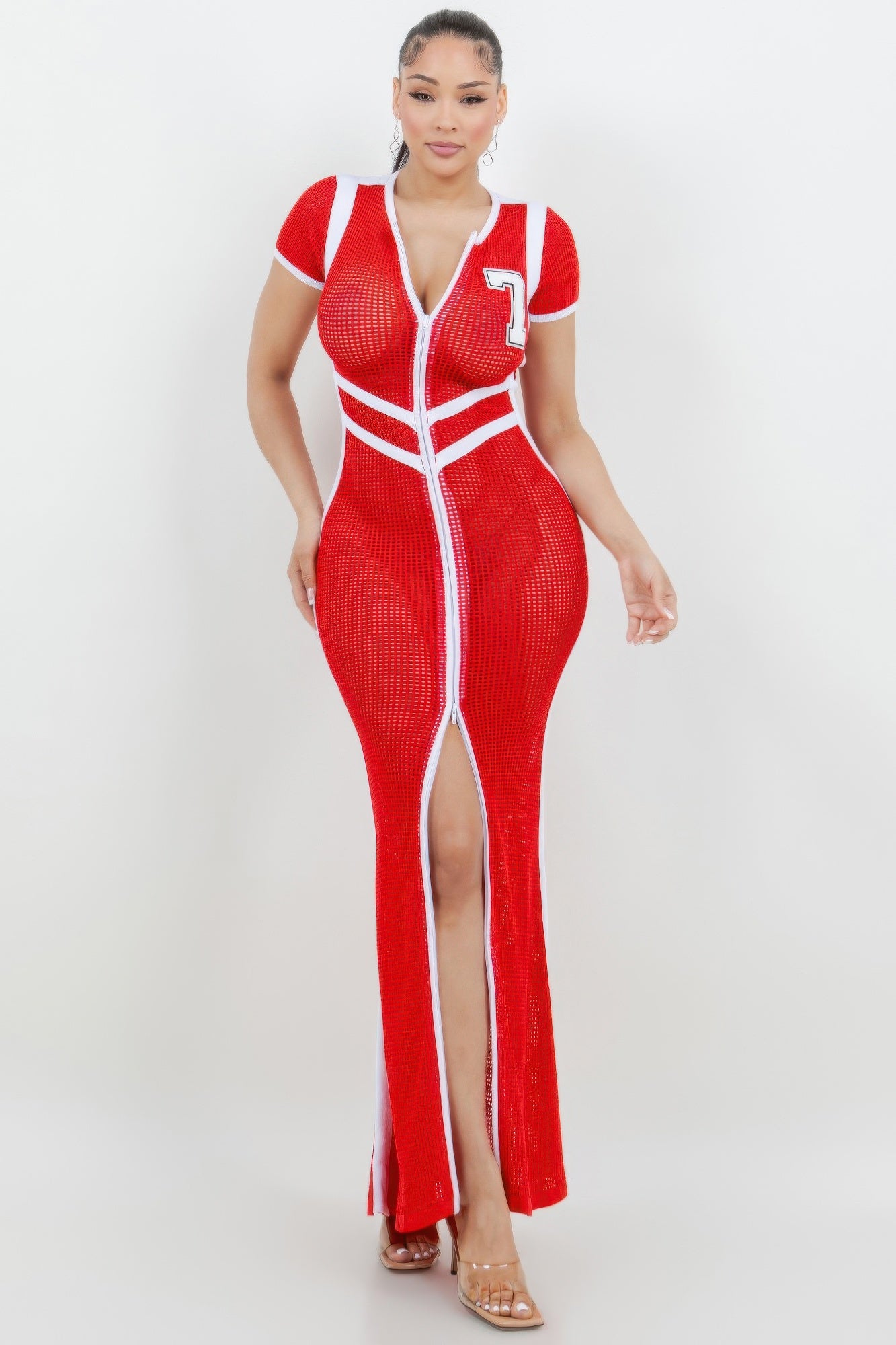Netting 2 Way Front Zipper Maxi Dress         