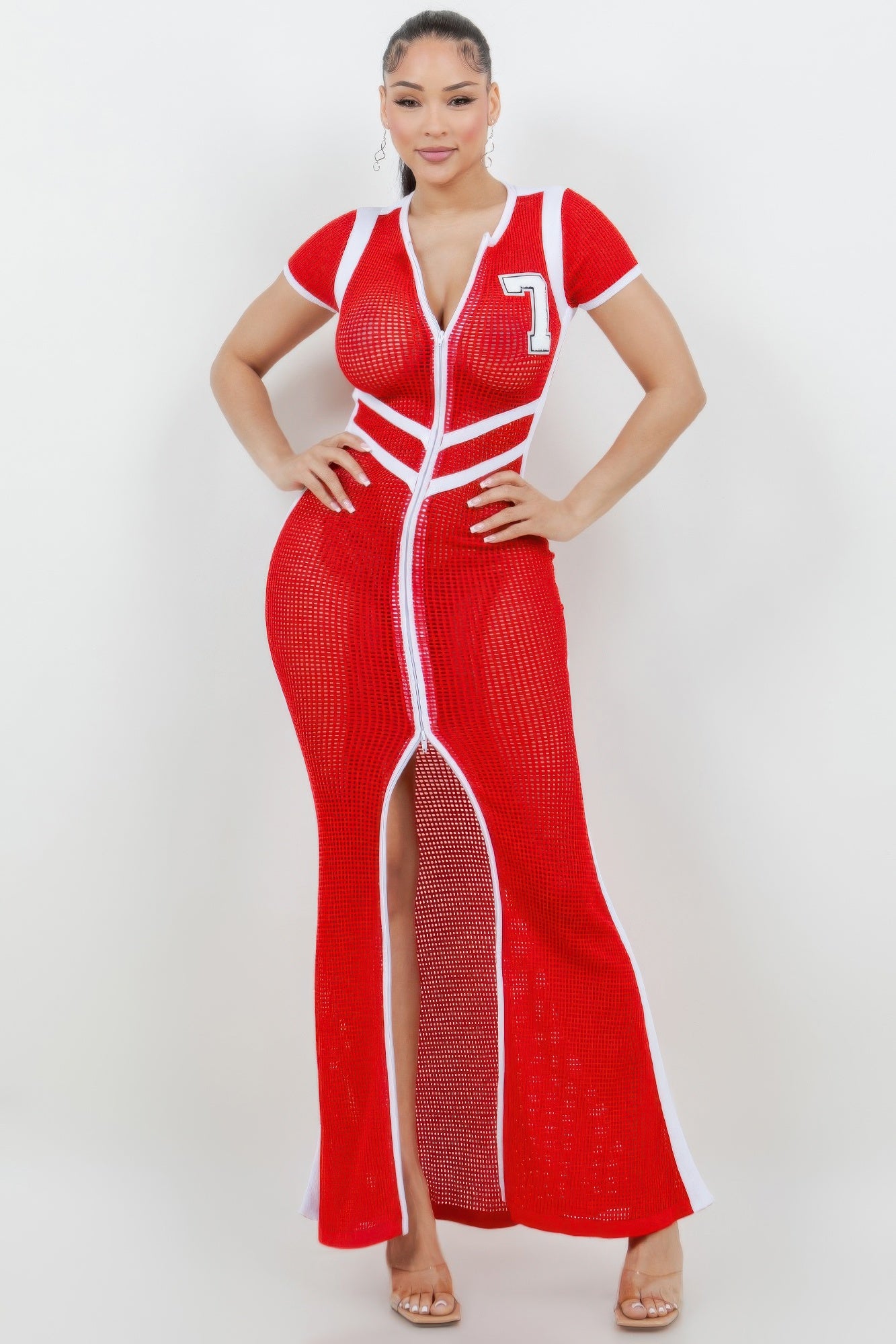 Netting 2 Way Front Zipper Maxi Dress         