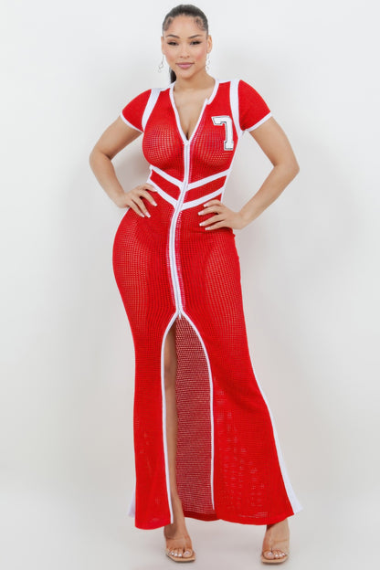 Netting 2 Way Front Zipper Maxi Dress         