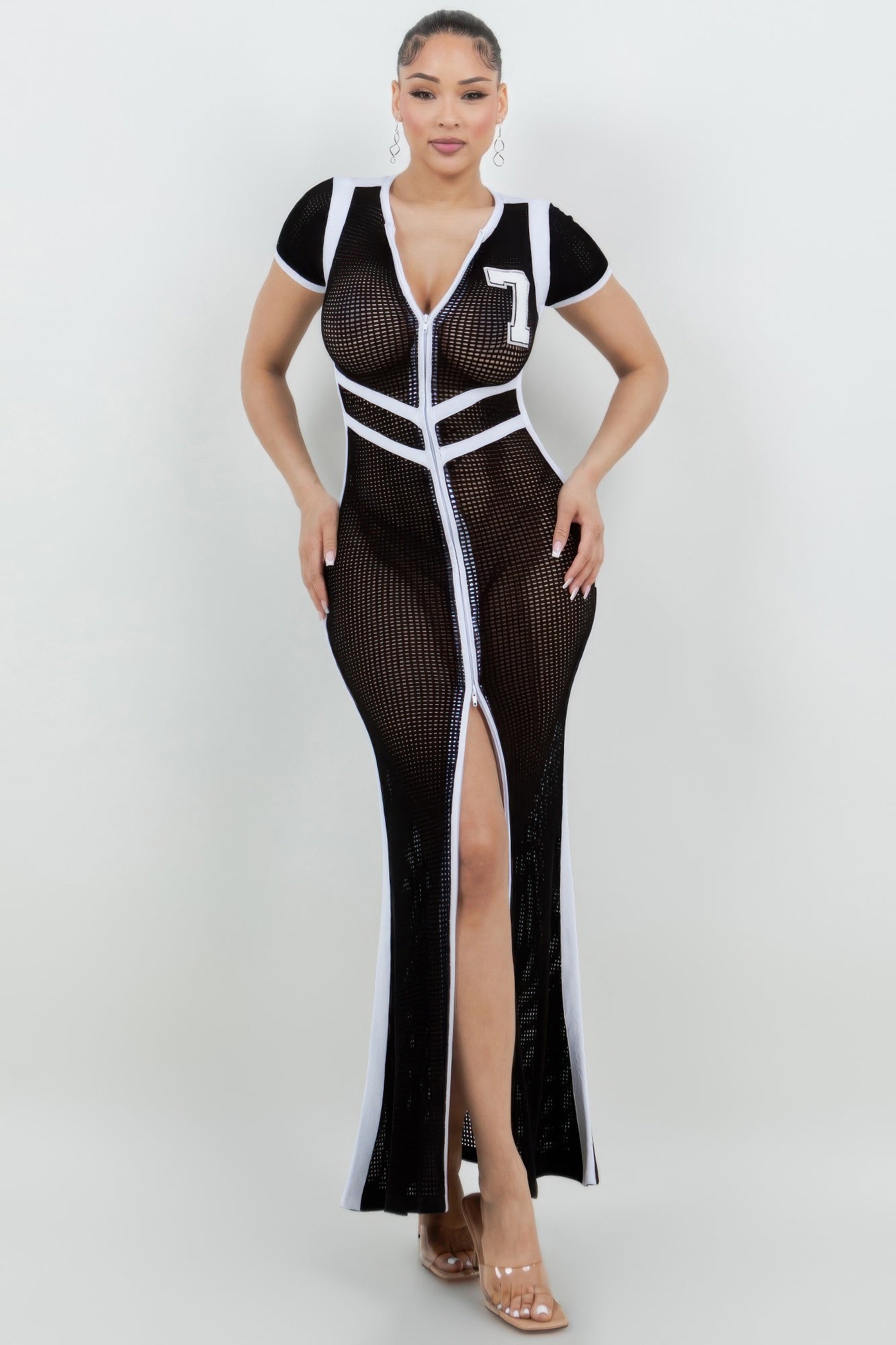 Netting 2 Way Front Zipper Maxi Dress         