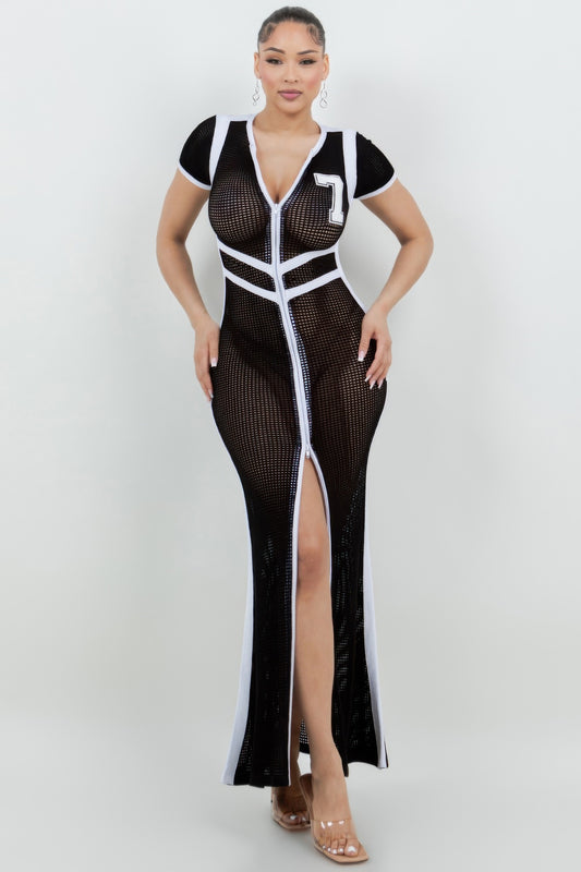 Netting 2 Way Front Zipper Maxi Dress         