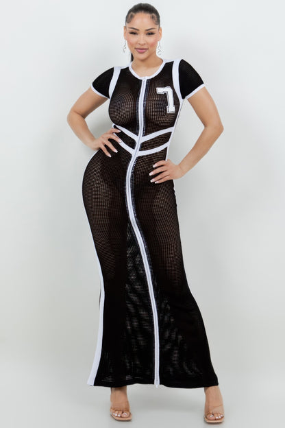 Netting 2 Way Front Zipper Maxi Dress         