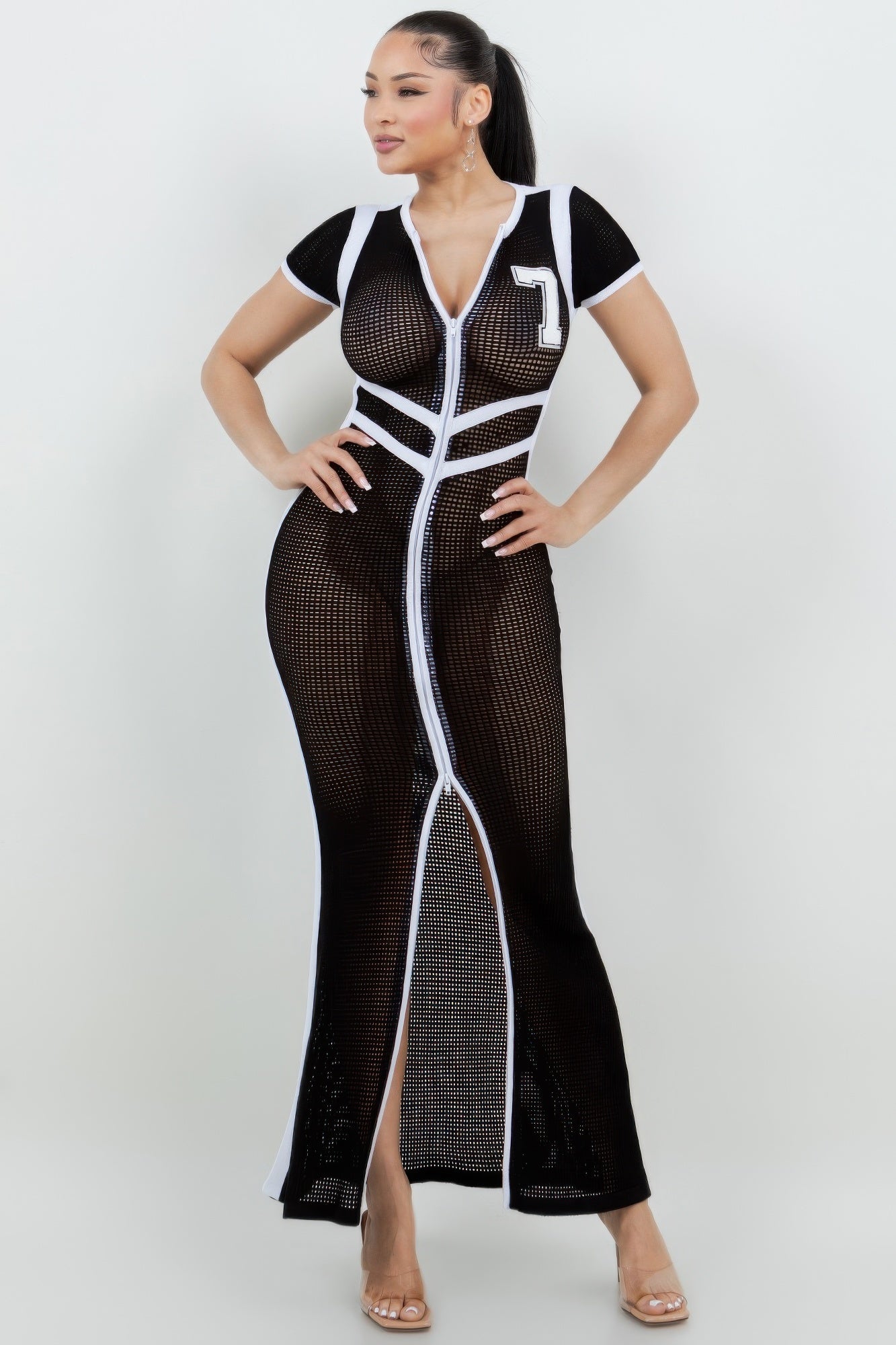 Netting 2 Way Front Zipper Maxi Dress         