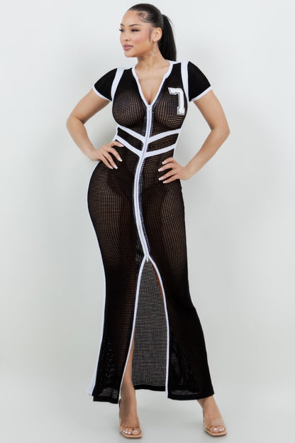 Netting 2 Way Front Zipper Maxi Dress         