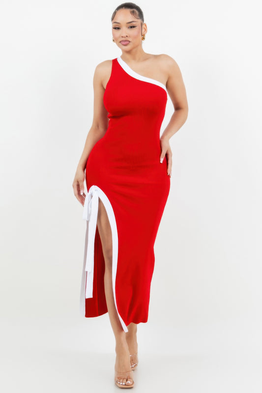 One Shoulder Side Slit Tie-up Maxi Dress         