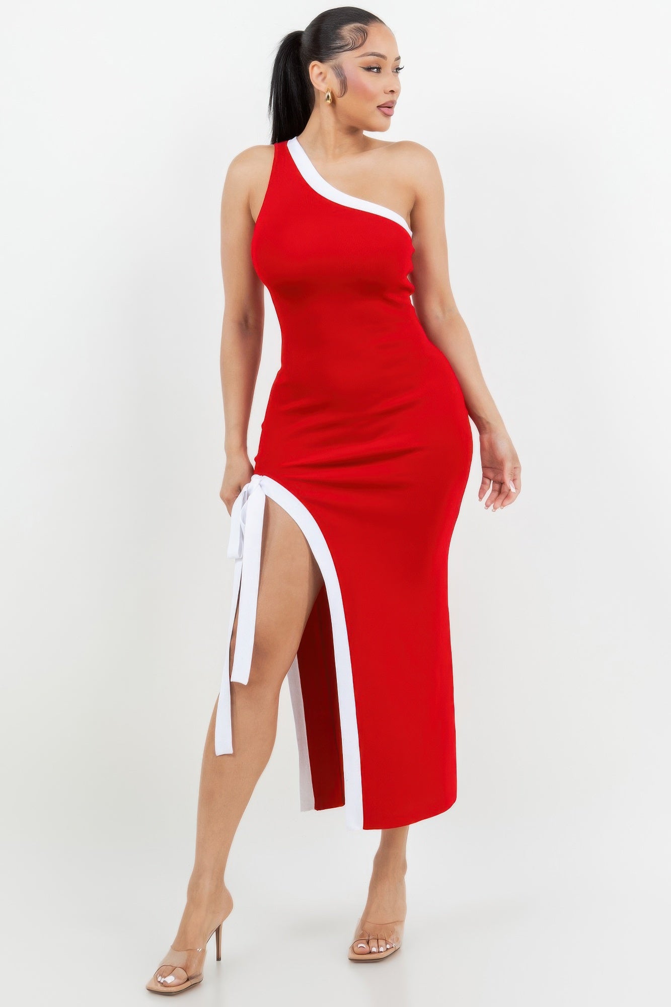 One Shoulder Side Slit Tie-up Maxi Dress         