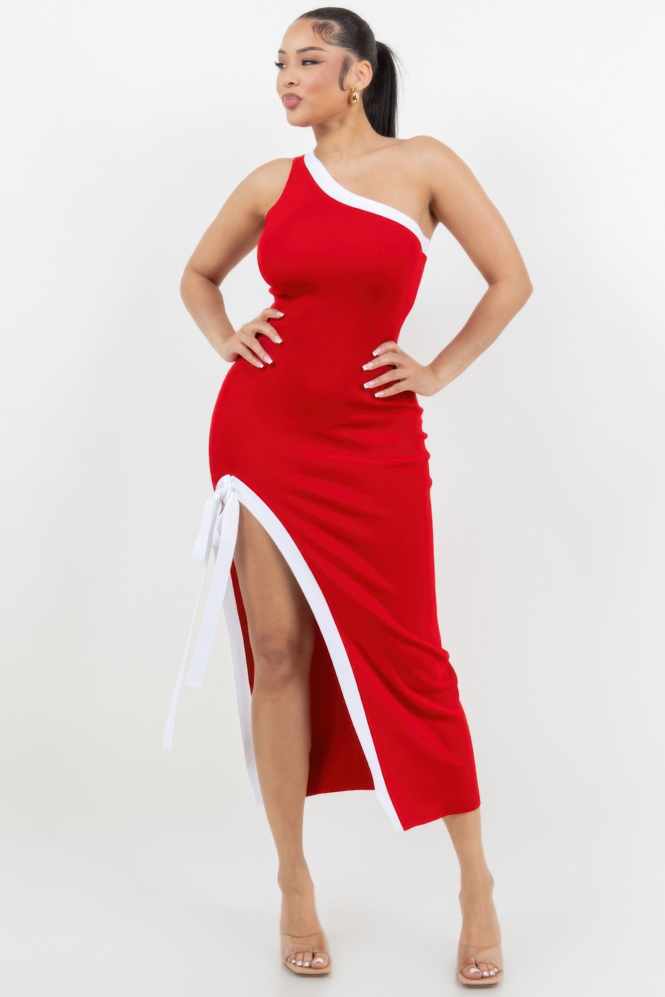 One Shoulder Side Slit Tie-up Maxi Dress         