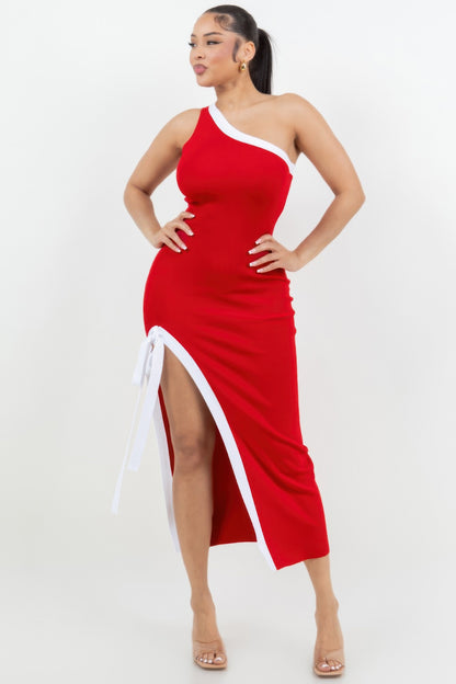 One Shoulder Side Slit Tie-up Maxi Dress         
