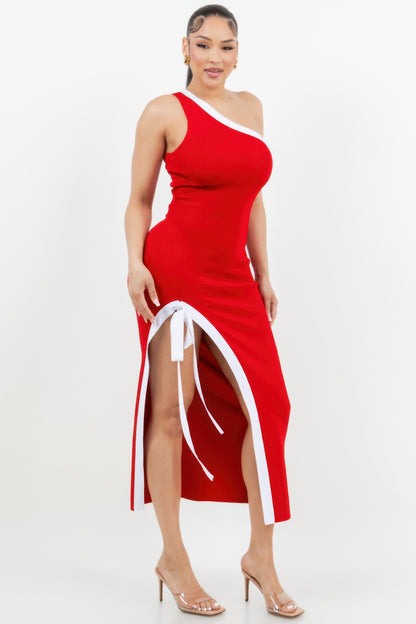 One Shoulder Side Slit Tie-up Maxi Dress         