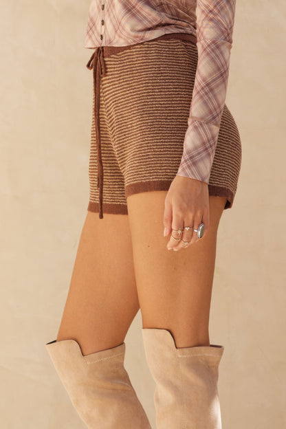 Striped Knit Wide-leg Drawstring Sweater Shorts                    