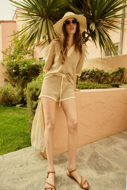 Striped Knit Wide-leg Drawstring Sweater Shorts                    