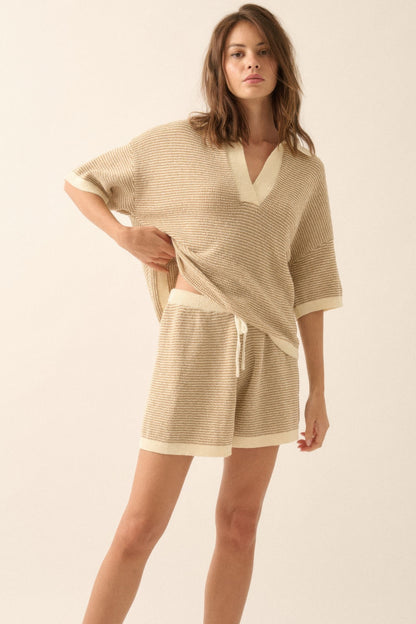 Striped Knit Wide-leg Drawstring Sweater Shorts                    
