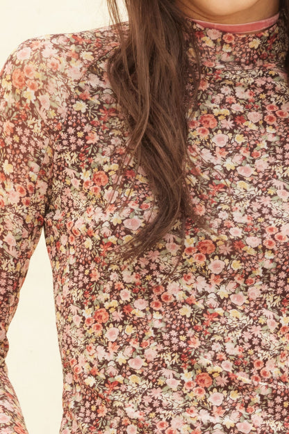 Floral-print Mesh Cropped Mock-neckthumbhole Top               