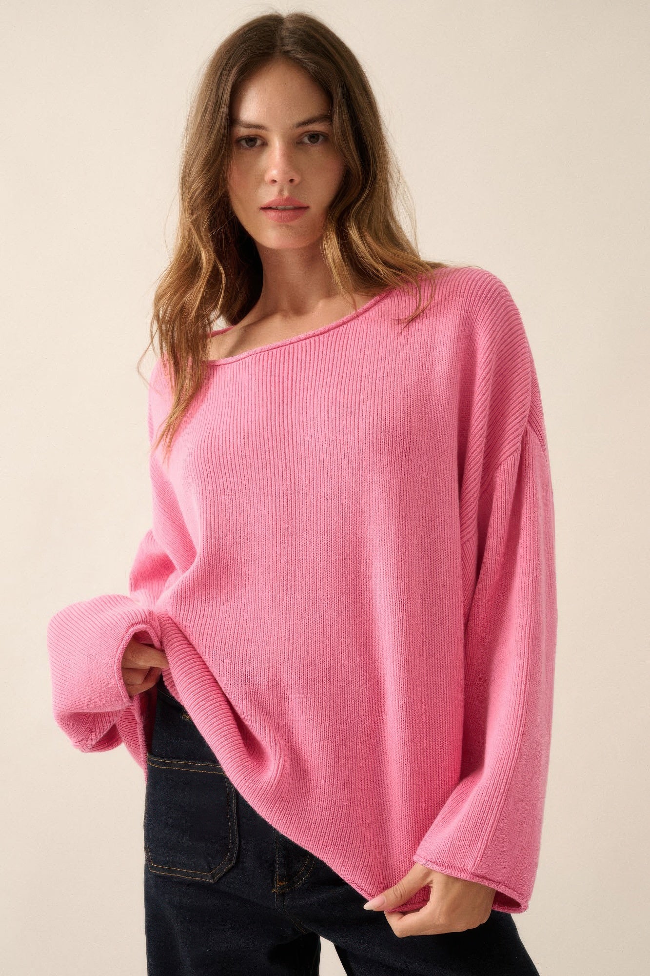 Solid Rib-knit Oversized Boatneck Sweater         