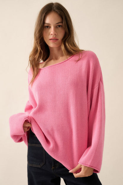 Solid Rib-knit Oversized Boatneck Sweater         