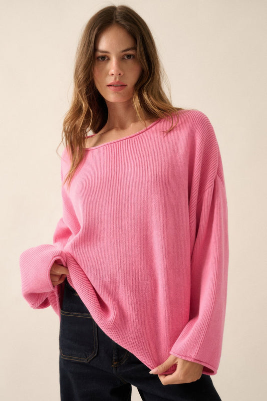 Solid Rib-knit Oversized Boatneck Sweater         