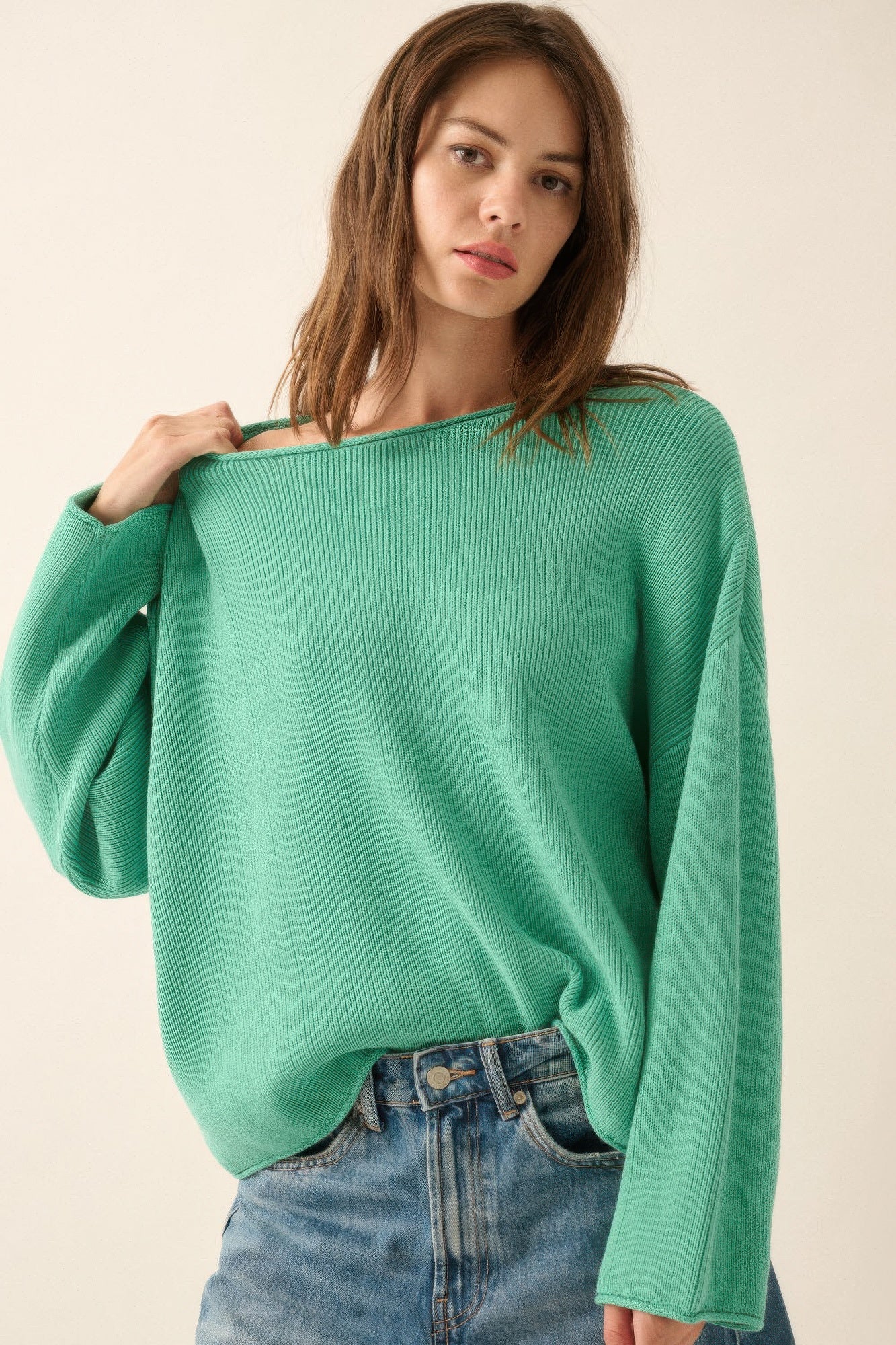 Solid Rib-knit Oversized Boatneck Sweater         
