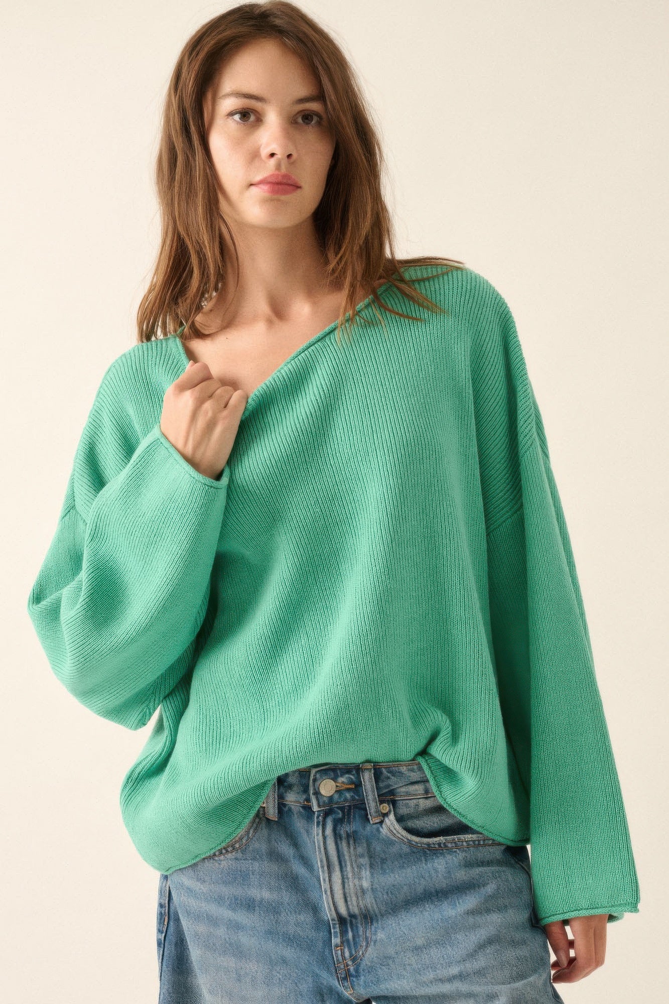 Solid Rib-knit Oversized Boatneck Sweater         