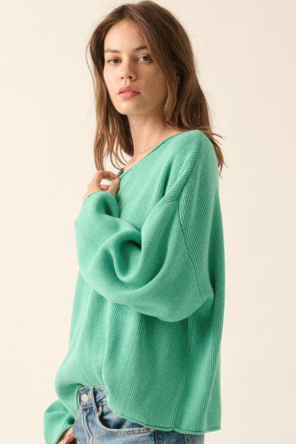 Solid Rib-knit Oversized Boatneck Sweater         