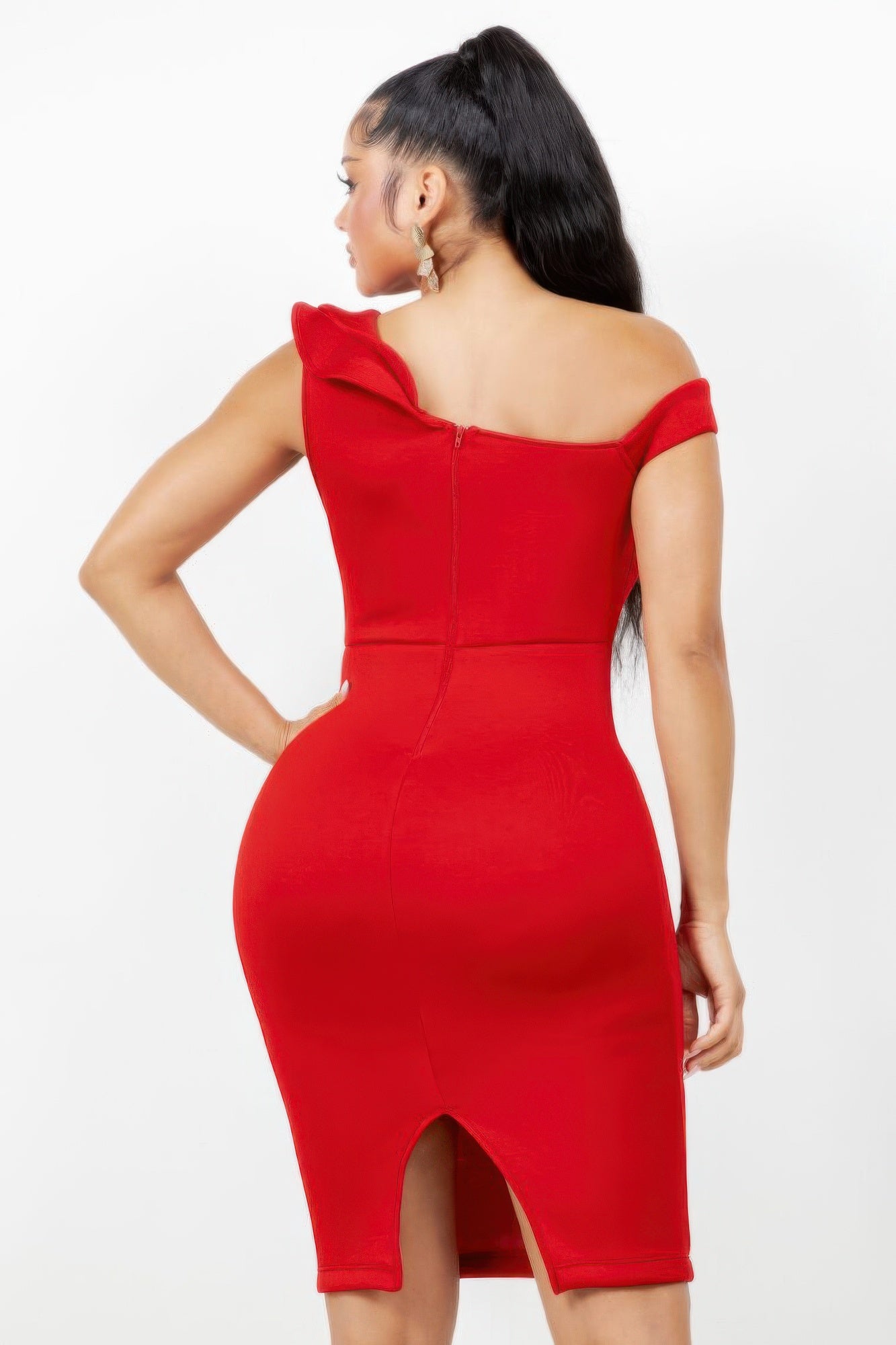 Monroe Asymmetric Ruffle Midi Dress           