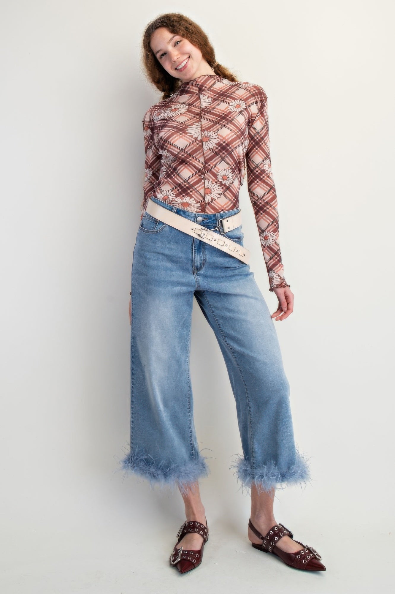 Fur Bottom Hem Washed Stretch Denim Pants           