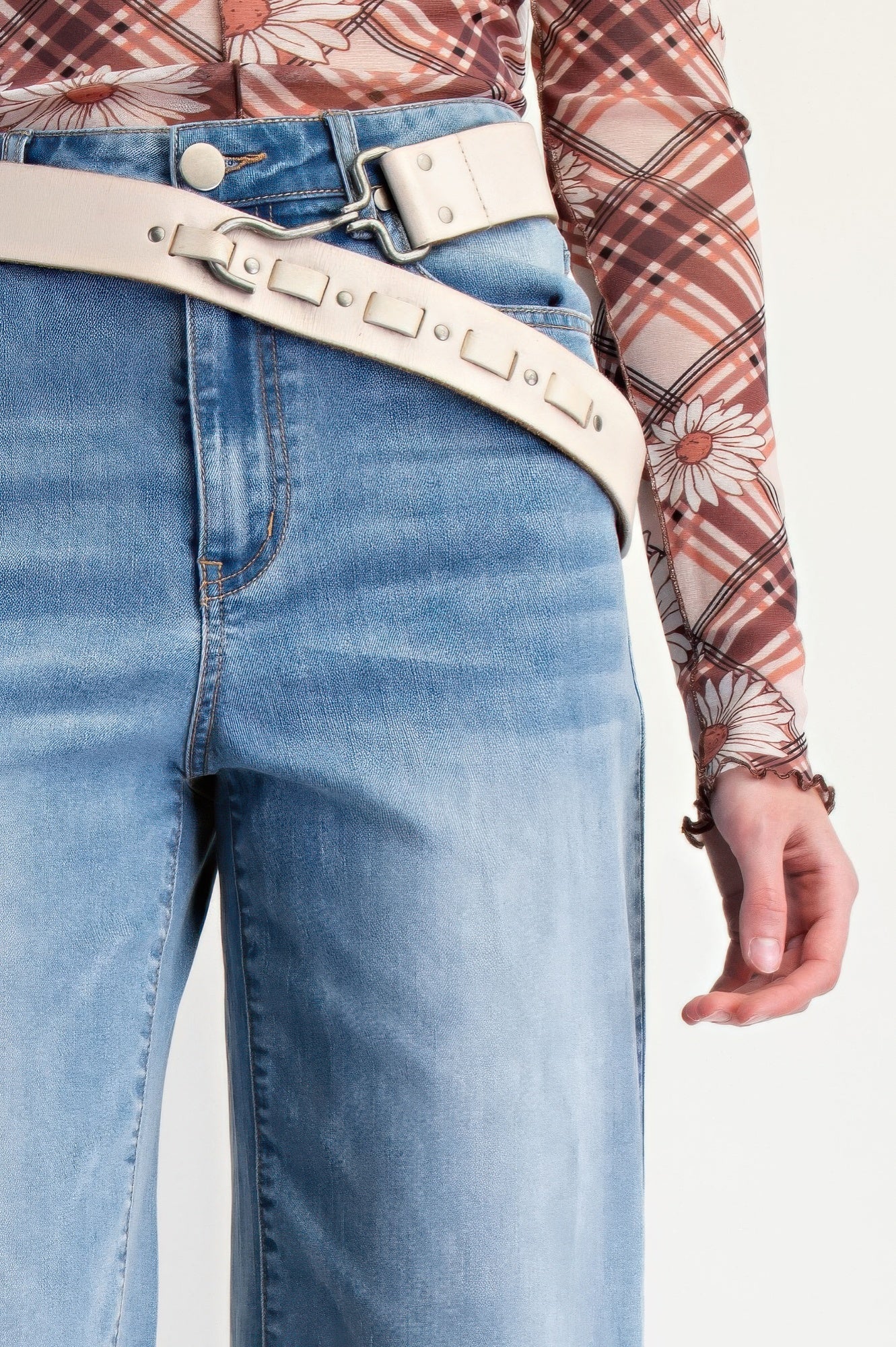 Fur Bottom Hem Washed Stretch Denim Pants           