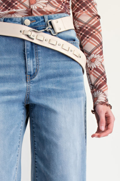 Fur Bottom Hem Washed Stretch Denim Pants           