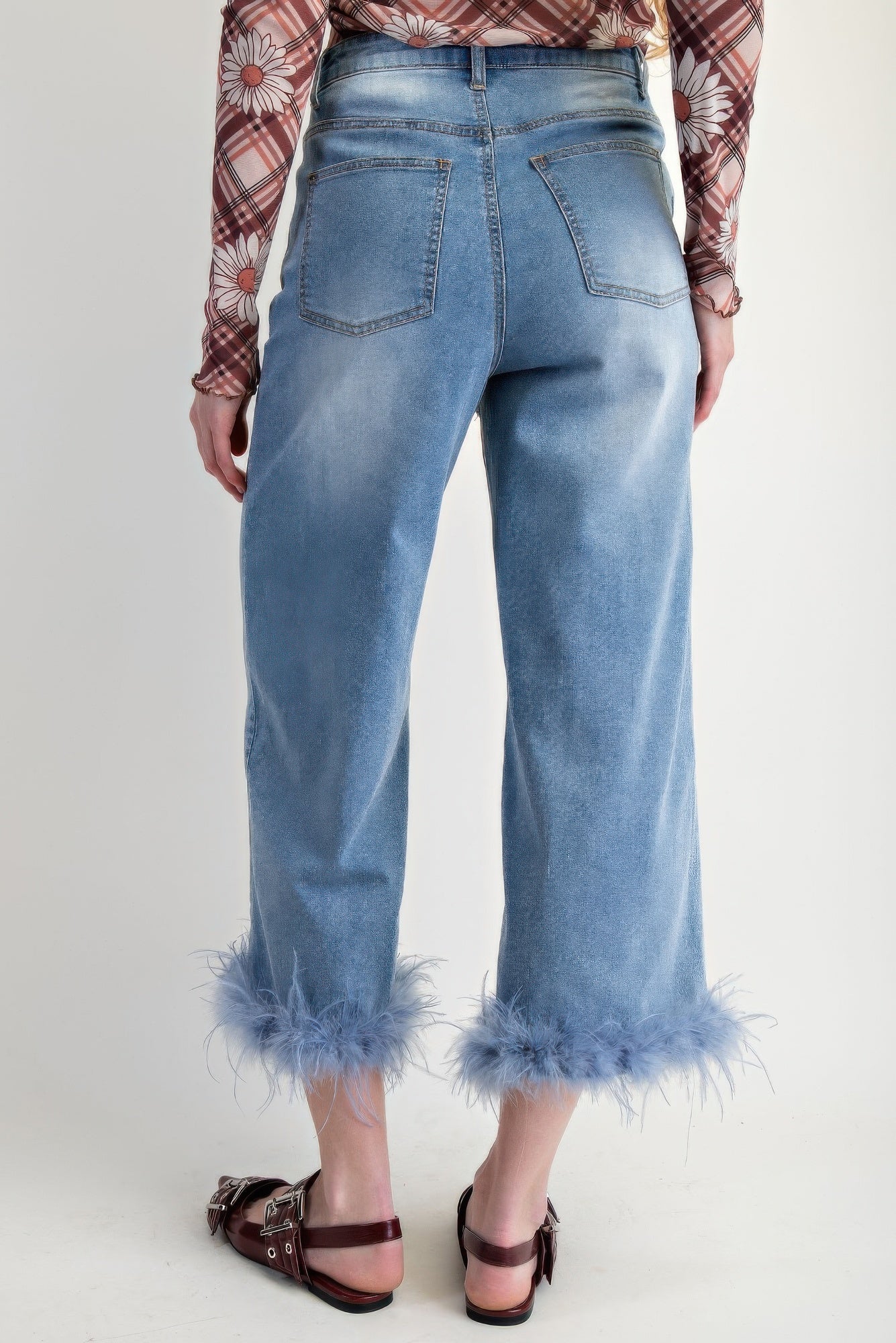 Fur Bottom Hem Washed Stretch Denim Pants           