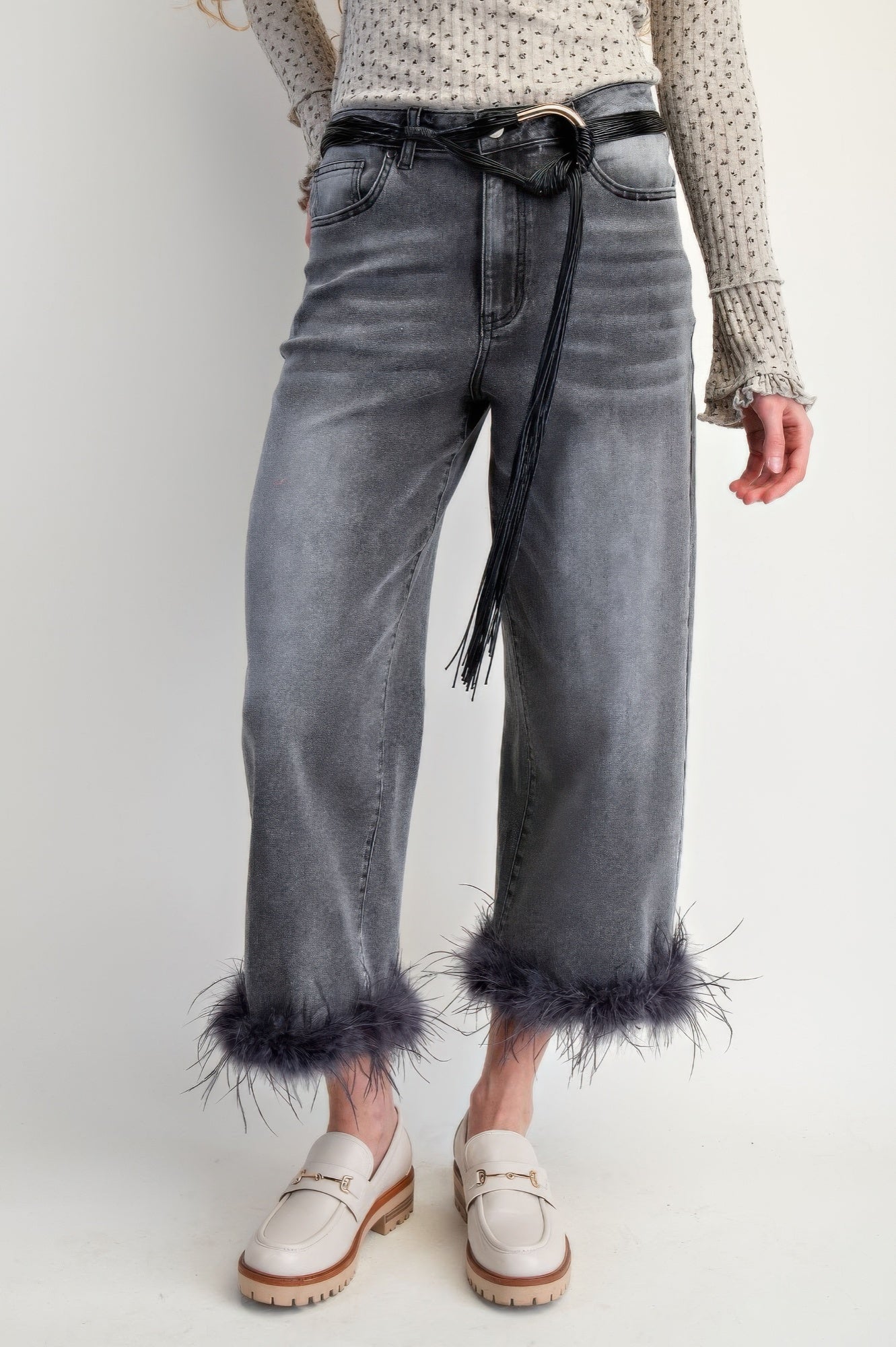 Fur Bottom Hem Washed Stretch Denim Pants           