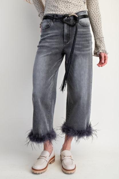 Fur Bottom Hem Washed Stretch Denim Pants           