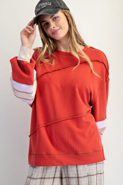 Color Mix Embroidered Washed Pullover       