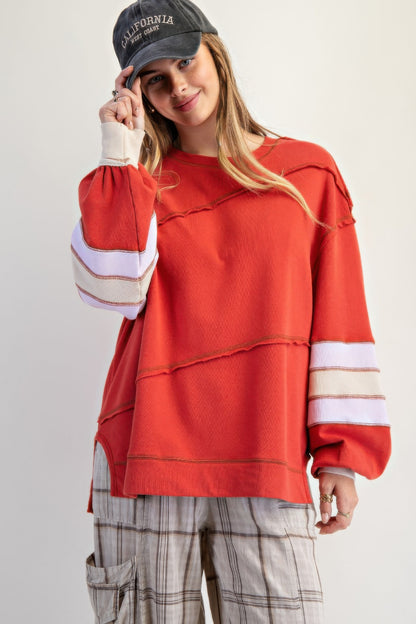 Color Mix Embroidered Washed Pullover       