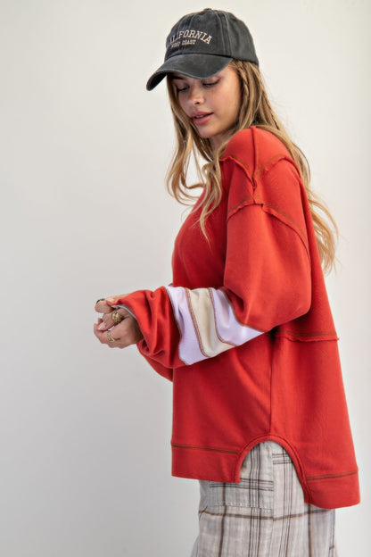 Color Mix Embroidered Washed Pullover       